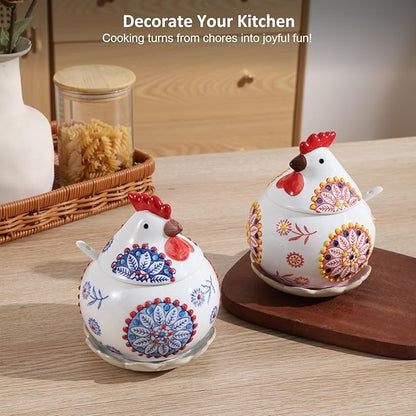 2 Pcs Ceramic Salt Cellar with Lid 、Tray and Spoon, 13 OZ Large Chicken Salt Jar, Salt Holder for Counter, Coffee, Sugar, Spices and Candies, Salt Containers for Countertop (Bule and Red)