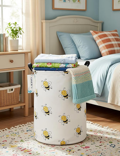 Cute Bee Laundry Basket, Collapsible Laundry Hamper for Girls, Sweet Honey Bee Round Storage Bin, Waterproof Toy Storage for Kids Room, Nursery, Playroom, New Parent Gift (Bee)