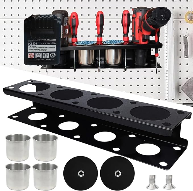 Magnetic Power Tool Organizer Rack - Heavy Duty Metal Organizer Rack for Cordless Drill,Screwdriver,Screw with 4 Stainless Steel cup for Tool Cart,Pegboards,Workbench,Garage,Toolbox