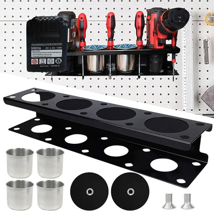 Magnetic Power Tool Organizer Rack - Heavy Duty Metal Organizer Rack for Cordless Drill,Screwdriver,Screw with 4 Stainless Steel cup for Tool Cart,Pegboards,Workbench,Garage,Toolbox