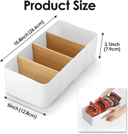 BSTKEY Seasoning Packet Organizer, Food Storage Organizer with Divided 4 Bamboo Wood Compartments, White Plastic Storage Caddy for Pantry Cabinet, Kitchen Organization Bin for Snacks Spice Packets