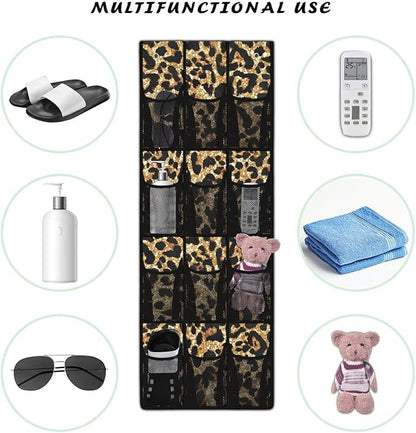 Over the Door Shoe Organizer,Leopard Print Design Hanging Storage Bags with 12 Mesh Large Pockets,Hanging Shoe Storage Waterproof Reusable