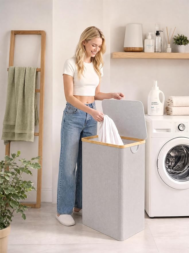 iEGrow 110L Laundry Basket with Lid, Laundry Hamper with Bamboo Handle,Clothes Basket Organizer with Removable Inner Bag for Clothes Towels,Light Grey