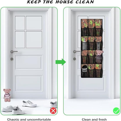 Green Dinosaur Over Door Shoe Organizer, 12 Large Pockets Hanging Rack for Closet, Dinosaur Theme Storage for Kids Bedroom & Playroom Shoes & Books