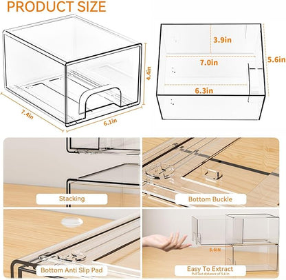 Yieach 8 Pack Small Stackable Storage Bins,Clear Acrylic Drawer Boxes,Medicine Cabinet Organizer,Plastic Containers for Organizing Vanity,Undersink,Pantry,Bathroom Makeup Organizer,Home Organization