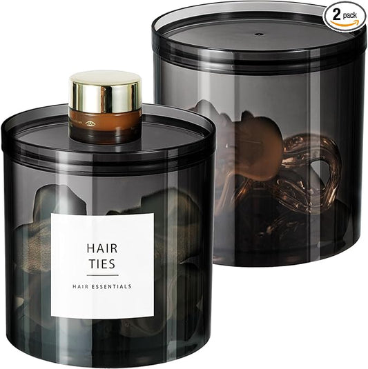 SheeChung 2-Pack Large 20oz Black Stackable Qtip Holder - Translucent Apothecary Jars with Storage Lids - Modern Bathroom Countertop Organizer for Cotton Balls, Pads, & Salts