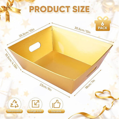 AFOROEOA 6PACK Gold Baskets for Gifts Empty, 12x10x4” Thick Cardboard Gift Basket Kit with 6 Bows & 6 Bags - Kraft Empty Gift Baskets for Christmas, Weddings, Birthdays, Holiday Gifting