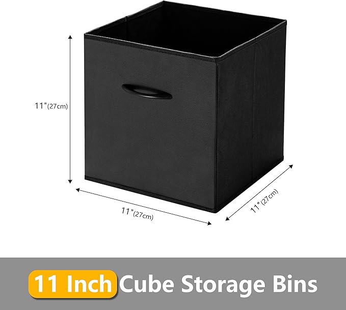 WUIKE 11-Inch Black Storage Cube Bins, Leather Front Cubby Organizer Baskets with Handles, Collapsible Storage Bins for Shelves and Closet, 4-Pack