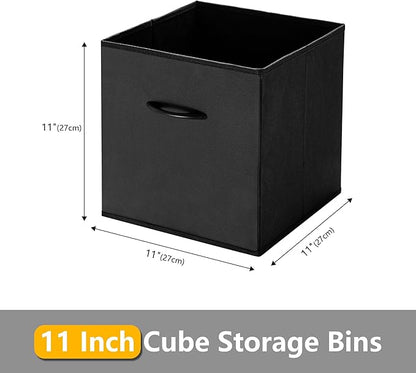 WUIKE 11-Inch Black Storage Cube Bins, Leather Front Cubby Organizer Baskets with Handles, Collapsible Storage Bins for Shelves and Closet, 4-Pack