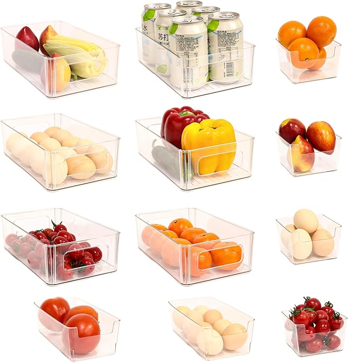 Refrigerator Organizer Bins 12 Pack Stackable Fridge Organizers with Handles Clear Freezer Storage Containers for Pantry, Cabinets,Shelves, Drawer – BPA-Free Plastic Kitchen Organizers