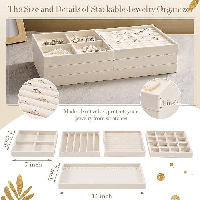 Cinnvoice Set of 10 Stackable Jewelry Organizer Trays for Drawer 14 Inch Velvet Jewelry Drawer Insert Display Storage with Removable Divider for Necklace Earring Ring Watch Bracelet (Beige)