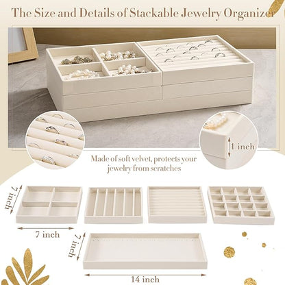 Cinnvoice Set of 10 Stackable Jewelry Organizer Trays for Drawer 14 Inch Velvet Jewelry Drawer Insert Display Storage with Removable Divider for Necklace Earring Ring Watch Bracelet (Beige)