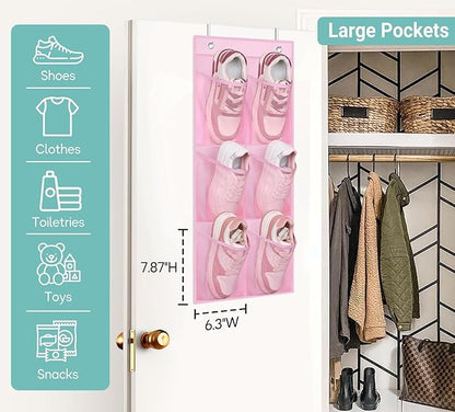 KIMBORA 2 Packs Narrow Kids Over the Door/Wall Shoe Organizer Small Baby Hanging Shoe Rack for Closet with Clear Mesh Pocket Shoe Storage for Toddler Girl Bedroom, Bathroom, RV, Pantry, Camping (Pink)