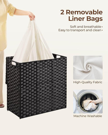 Greenstell Laundry Hamper with lid, No Install Needed, 130L Wicker Laundry Baskets Foldable 2 Removable Liner Bags, 2 Section Clothes Hamper Handwoven Rattan Laundry Basket with Handles, Black