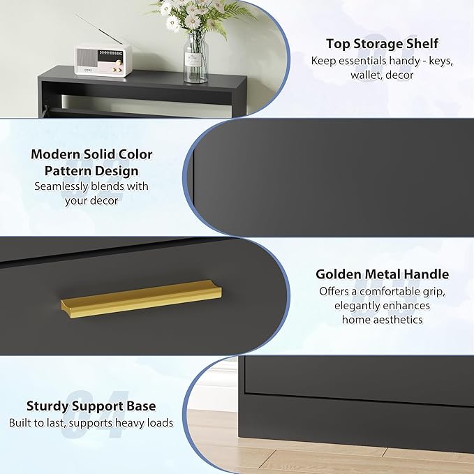 Shoe Cabinet Storage for Entryway, White Shoe Organizer with 2 Flip Drawers & Open Shelf, Freestanding Hidden Large Shoe Storage Cabinet (1pc-Black, 3 Flip Drawers)