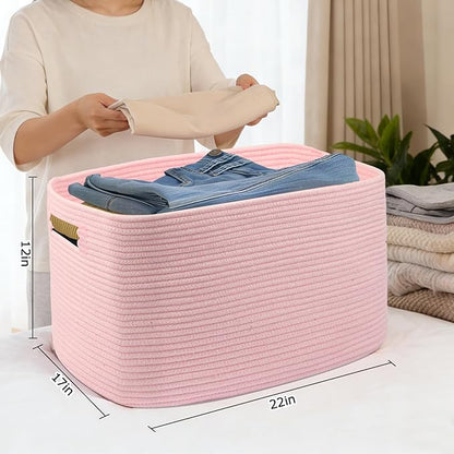 75L Large Woven Storage Basket, Pink Cotton Rope Laundry Hamper with Handles, 22”x17”x12” Rectangle Blanket Basket for Toys, Clothes, Pillows, Nursery and Living Room,Shelf Basket