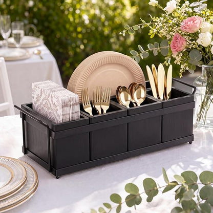 Silverware Caddy for Party, Utensil Caddy with 5 Removable Bins, Bamboo Holder for Organize Plastic Silverware, 7" to 10" Paper Plates, Napkins - Black