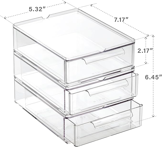 BINO | Clear Stackable Storage Drawers, Small - 3 Pack | Clear Storage Drawers with Built-In Handles | Durable Plastic Organizer Drawer | Modular Stackable Drawer Acrylic Organizer
