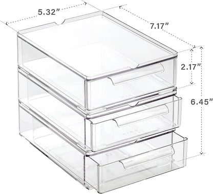BINO | Clear Stackable Storage Drawers, Small - 3 Pack | Clear Storage Drawers with Built-In Handles | Durable Plastic Organizer Drawer | Modular Stackable Drawer Acrylic Organizer