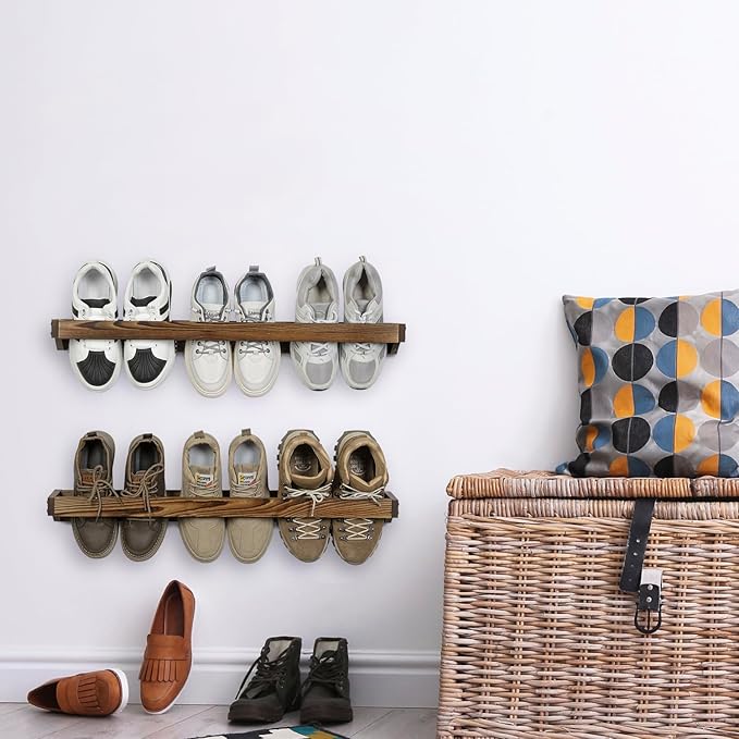MyGift 30 Inch Rustic Burnt Solid Wood Hanging Shoe Rack, Wall Mounted Storage Organizer Footwear Holder for Closet, Mudroom, Entryway, Holds 6 Pairs, Set of 2
