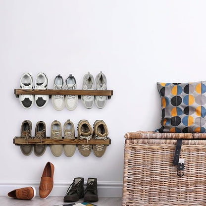 MyGift 30 Inch Rustic Burnt Solid Wood Hanging Shoe Rack, Wall Mounted Storage Organizer Footwear Holder for Closet, Mudroom, Entryway, Holds 6 Pairs, Set of 2