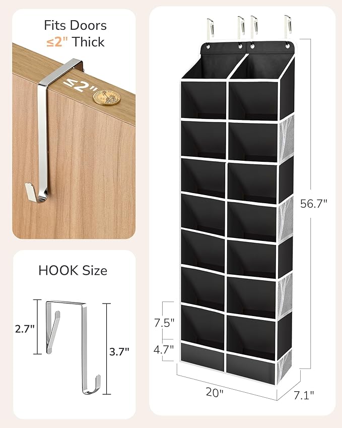 ULG Over The Door Shoe Organizer with 16 Large Pockets, Hanging Shoe Rack for Closet Door, Space Saving Shoe Storage for Boots, Heels & Sneakers, Black