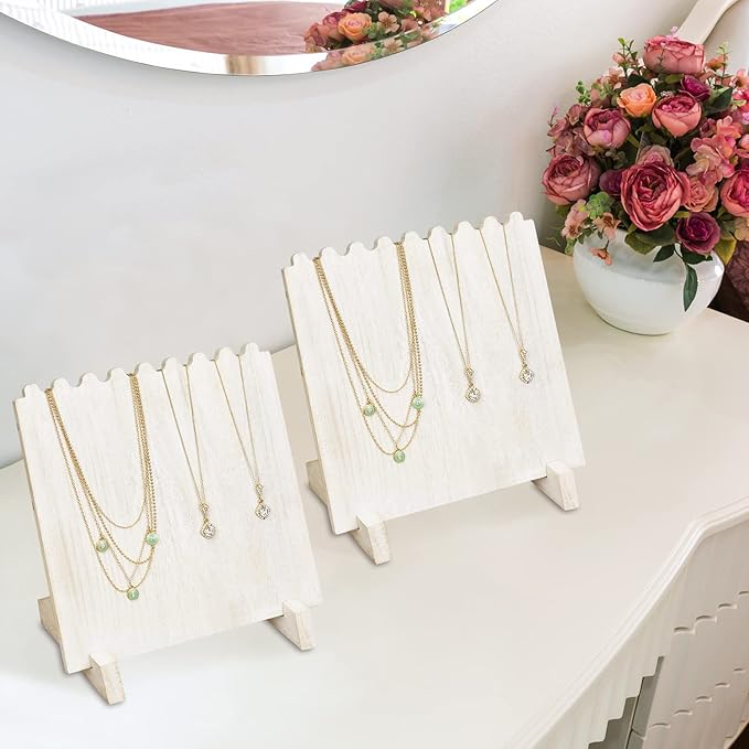 Ikee Design Set of 2 Wood Necklace Jewelry Display Stand for 8 Necklaces, Necklace Display Holder Organizer, Wash White Color