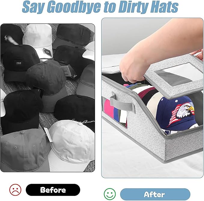Hat Organizer for Baseball Caps,Holds up to 12 Caps Hat Organizer for Closet, Sturdy Stackable Storage for Men with Clear Lid, Flip-Top Access, Space-Saving Hat Box for Closet, Breathable Fabric