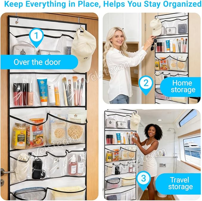 Cruise Ship Magnetic Door Organizer, Over The Door Organizer For Cruise Ships, Magnetic Shoe Rack with 2 Strong Anti-Scratch Magnets & Durable Pockets To Store Cruise Essentials (White)