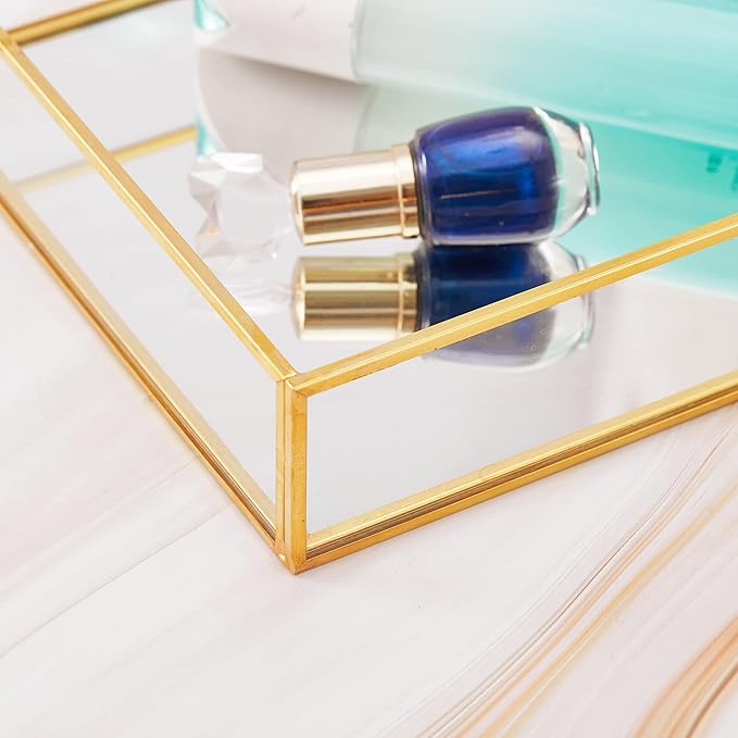 Gold Mirror Decorative Tray Jewelry Perfume Organizer Vanity Tray, Dresser Tray, Bathroom Bedroom Cosmetics Storage, Metal and Glass, Rectangular, 11.8"x7.9"x2"