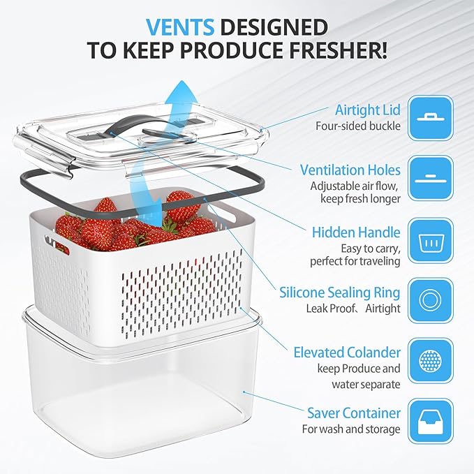 damynuo 10Pack Fruit Storage Containers for Fridge - Berry Containers with Vent and Handle Lids, Fruit Containers for Fridge with Colander, lettuce keeper for Refrigerator Organizers and Storage