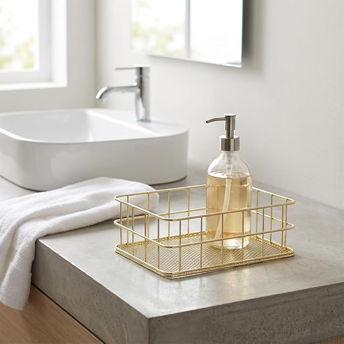 Gold Wire Basket, 6.8x4.8 Inch Gold Small Metal Basket, Versatile Mesh Storage Bin for Home Organization | Decorative Gold Shelf Basket for Home, Desk & Cosmetic Stationery