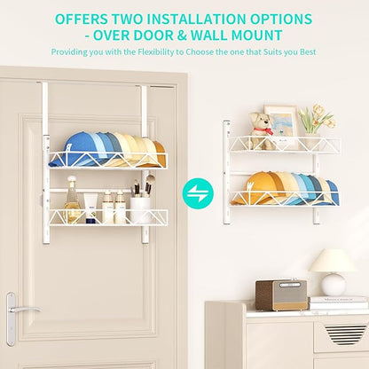HapiRm Over the Door Hat Organizer - 2 Tier Wall Mounted Hat Rack with 2 Adjustable Metal Basket, Baseball Caps Organizer Storage Holds up to 20 Caps for Door, Bedroom, Closet (White)