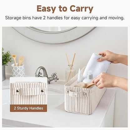 StorageWorks Narrow Storage Bins, Small Basket for Closet and Shelves, Fabric Organizer with Handles, Toilet Paper Storage, Khaki and Beige Stripes, 2-Pack