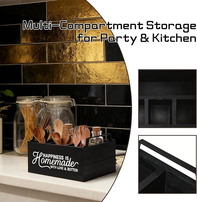 Wooden Paper Plate Dispenser with Handle - Party & Kitchen Countertop Cutlery Holder for Plates, Forks, Spoons & Napkins