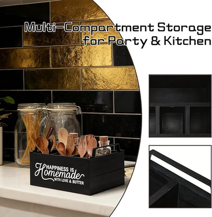 Wooden Paper Plate Dispenser with Handle - Party & Kitchen Countertop Cutlery Holder for Plates, Forks, Spoons & Napkins