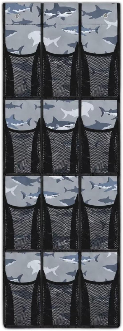 Over The Door Storage Bag with 12-Pockets, Oxford Material Waterproof Lightweight and Perfect for Organizing Bathroom Bedroom or Kitchen Essentials, Shark Pattern