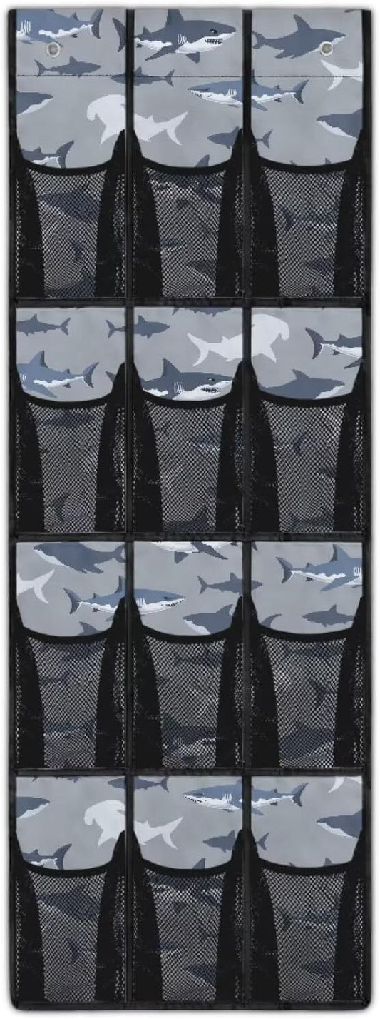 Over The Door Storage Bag with 12-Pockets, Oxford Material Waterproof Lightweight and Perfect for Organizing Bathroom Bedroom or Kitchen Essentials, Shark Pattern
