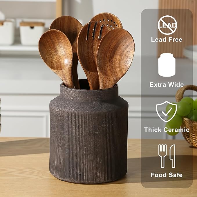 Farmhouse Ceramic Farmhouse Kitchen Utensil Holder for Countertop, Rustic Cooking Utensil Holder Crock Fit for Kitchen Counter. 6.1 x 6.1 x 7 IN
