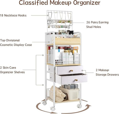 YGJT Makeup Organizer, Floor Skincare Cosmetics Organizer with Drawers, Jewelry Organizers and Storage for Earring Necklace, Vanity Organizer for Skin Care Perfume Makeup Brush Nail Polish Hair Tool