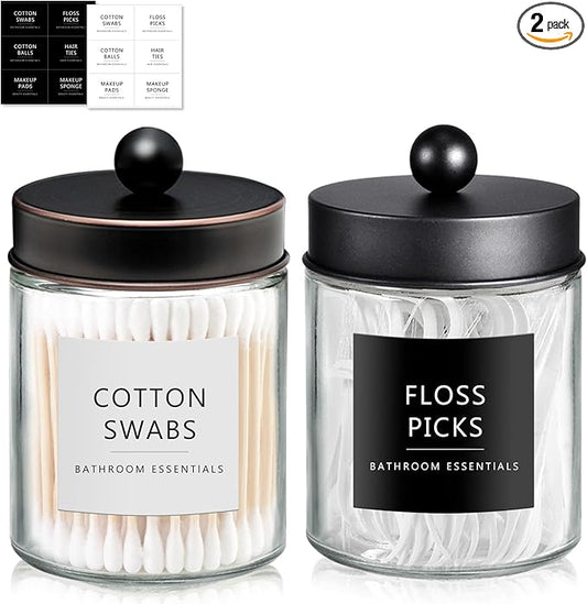 SheeChung 2-Pack Qtip Holder Dispenser-Glass Apothecary Jars with Rust-Proof Stainless Steel Lids-Modern Rustic Bathroom Vanity Organizer for Cotton Swabs, Balls, Pads(Black&Oil Rubbed Bronze)