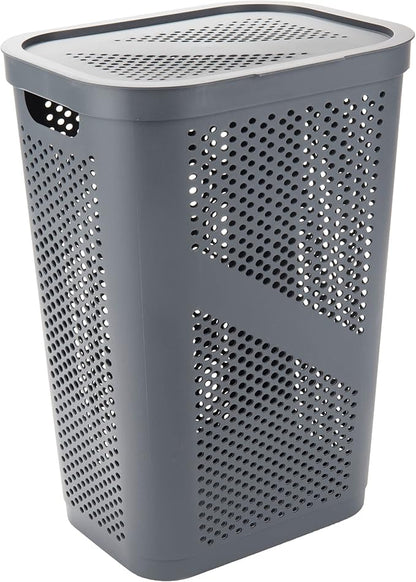 Mind Reader Slim Laundry Hamper with Lid, 60L Clothes Basket, Ventilated Plastic, Gray
