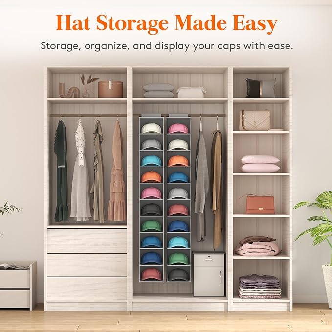 Lifewit Hat Organizer for Baseball Caps, Hat Rack Hanging Storage, Non-Woven Fabric Display Shelf Holds Up to 40 Hats, Cap Holder Hanger for Closet, Bedroom, 10 Compartments, Gray, 2 Packs