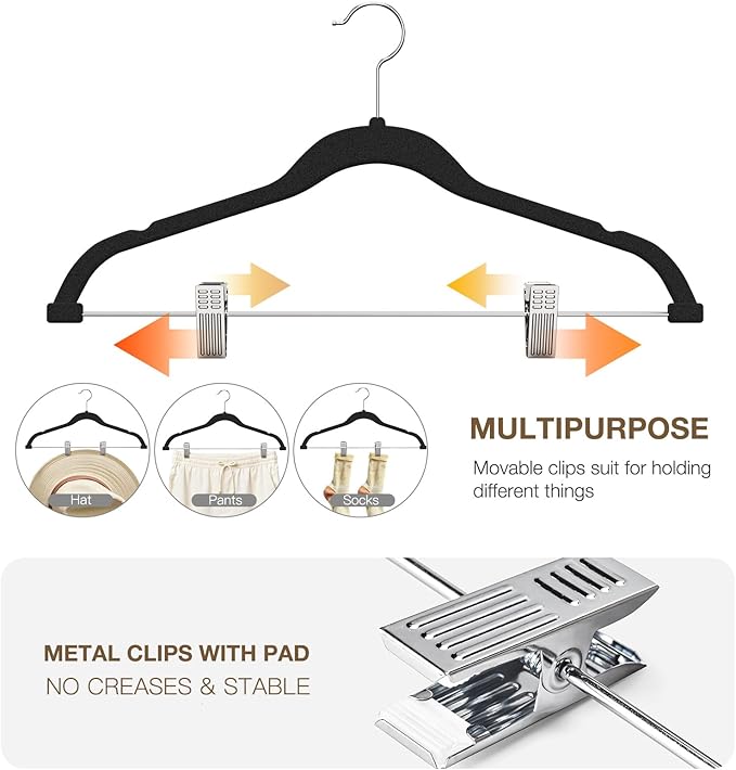 Korpai 24-Pack Black Velvet Hangers with Clips Adjustable,Outfit Hangers,Heavy-Duty,Non-Slip,Space Saving, Felt Hanger for Pants, Skirts, Suits,Coats, Dresses ect.