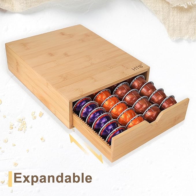 HTB K Cup Coffee Pod Holder, Drawer Type K Cup Organizer Storage, Compatible with K-Cup Pods, Space-Saving Coffee Capsule Drawer- Holds 40 Nespresso Capsules Coffee Pods Bamboo Single Drawer