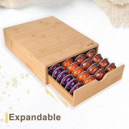 HTB K Cup Coffee Pod Holder, Drawer Type K Cup Organizer Storage, Compatible with K-Cup Pods, Space-Saving Coffee Capsule Drawer- Holds 40 Nespresso Capsules Coffee Pods Bamboo Single Drawer