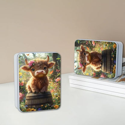 Metal Tin Box with Lid for Game Cards Home Organizer Candles Keys Crafts Storage - Comes with 4 Magnetic Cord Clips，Cute Highland Calf Floral