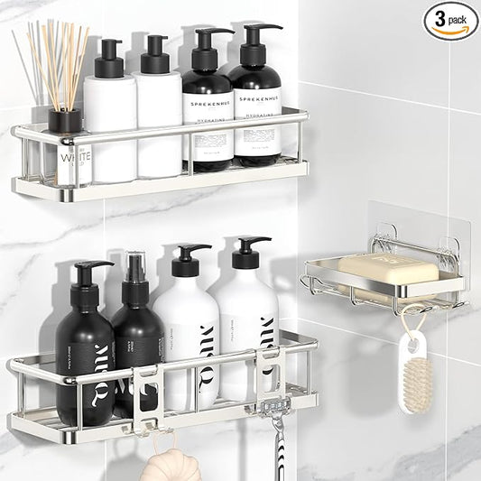 YASONIC Shower Caddy Adhesive, No Drill Bathroom Organizers, Rust Proof Shower Shelves, Wall-Mounted Shower Holder, Silver, 3 Pack