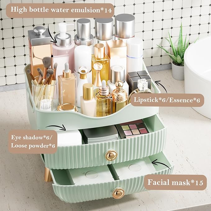 Makeup Organizer for Vanity, Large Capacity Skincare Cosmetic Organizer Countertop with 2 Drawers, Cosmetic Display Cases Makeup Storage Box for Bedroom, Bathroom, Ideal Gifts for Women(Green)