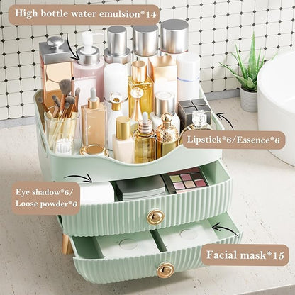 Makeup Organizer for Vanity, Large Capacity Skincare Cosmetic Organizer Countertop with 2 Drawers, Cosmetic Display Cases Makeup Storage Box for Bedroom, Bathroom, Ideal Gifts for Women(Green)